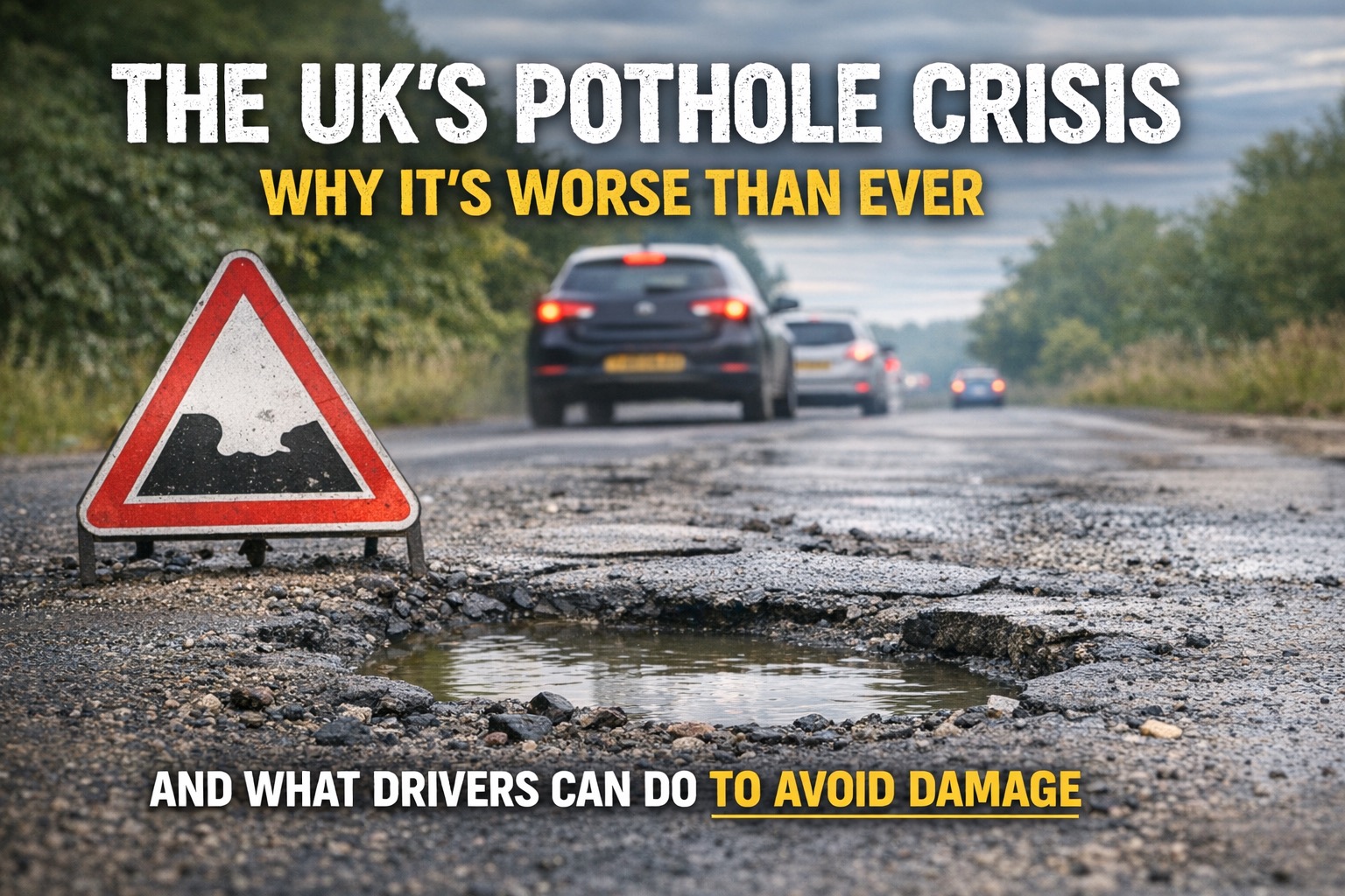 Large pothole on a damaged UK road with warning sign and approaching cars under cloudy sky